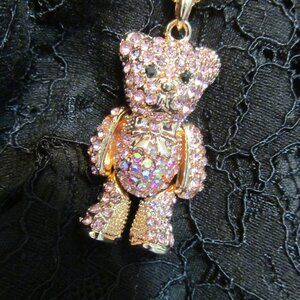 Off Park Collection Pink Crystal Rose Tone Teddy Bear Pendant w 18" Chain NEW